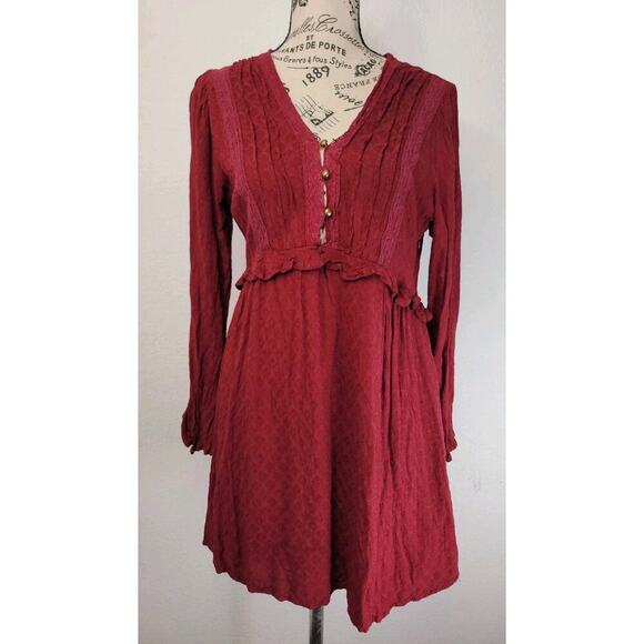 Coco Jaimeson Babydoll Mini Dress Sz Medium V Neck Long Sleeves Cottage Burgundy - Picture 2 of 10